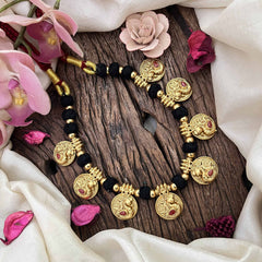 Vriksham Elegant Peacock Coin Pendant Black Rope Short Neckpiece-G21090