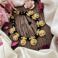 Vriksham Elegant Peacock Coin Pendant Black Rope Short Neckpiece-G21090