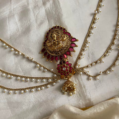 Precious Kemp Lakshmi Jada Billai with Pearl Maatil-Bun Billai-Red-G13734