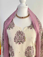 Vriksham Elegant Ivory Ethnic Suit With Lavender Floral Motifs & Layered Cape 3 Piece Cotton Suit Set-VS5086