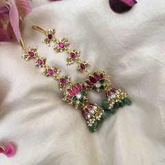 Vriksham Vriksham Royal Lotus With Maatil Aqua Green Bead Drops Kundan Jadau Jhumkas-Pearl-J3937