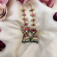 Vriksham Vriksham Royal Lotus With Maatil Aqua Green Bead Drops Kundan Jadau Jhumkas-Pearl-J3937