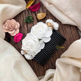 Vriksham Classic Creamy White Rose & Berry Decorative Hair Comb With Green Leaves Flower Accessories-KH1321
