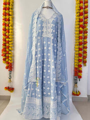 Vriksham Sky Blue Chikankari Inspired MulMul Anarkali With Dupatta Suit Set-VS5083
