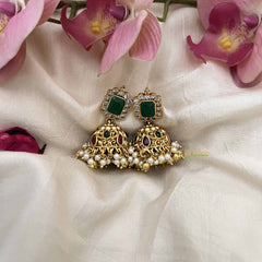 Vriksham Traditional Gold look Dome Jhumka Earrings-Green-Pearls-G21099