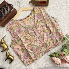 Vriksham Premium Floral Printed Readymade Sleeveless Blouse-Kalamkari Print-Light Pink-VS4528