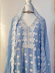 Vriksham Sky Blue Chikankari Inspired MulMul Anarkali With Dupatta Suit Set-VS5083