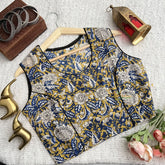 Vriksham Premium Floral Printed Readymade Sleeveless  Blouse-Kalamkari Print-Yellow with Blue-VS4529