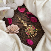 Vriksham Royal Elephant Temple Style Maang Tikka-Red Green-Gold Bead-G19442