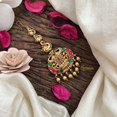 Vriksham Royal Elephant Temple Style Maang Tikka-Red Green-Gold Bead-G19442