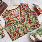 Vriksham Premium Floral Printed Readymade Sleeveless  Blouse-Kalamkari Print-Olive Green-VS4532