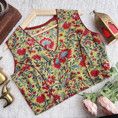 Vriksham Premium Floral Printed Readymade Sleeveless Blouse-Kalamkari Print-Olive Green-VS4532