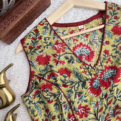 Vriksham Premium Floral Printed Readymade Sleeveless Blouse-Kalamkari Print-Olive Green-VS4532