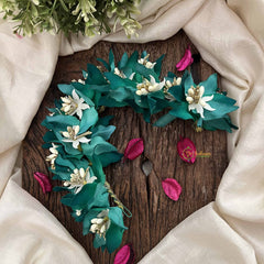 Vriksham Artificial Teal Green Fabric Flower Gajra With Pearl Buds Flower Accessories-H1154