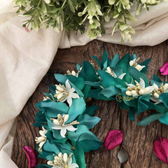 Vriksham Artificial Teal Green Fabric Flower Gajra With Pearl Buds Flower Accessories-H1154