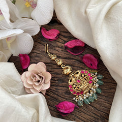 Vriksham Royal Elephant Temple Style Maang Tikka-Red-Green Bead-G19444