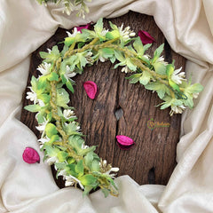 Vriksham Elegant Lush Green Serenity & Mini White Flower Gajra With Pearl Buds Flower Accessories-H1165