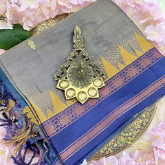 Blue Grey Chinnalampattu Saree with Double Copper Border - VS3673