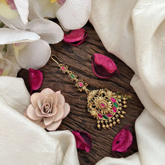 Vriksham Chandrika Pushpam Maang Tikka-Red Green-Gold Bead-G19433