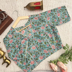 Vriksham Premium Floral Printed Readymade Blouse-Kalamkari Print-Turquoise Blue-VS4522