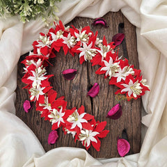 Vriksham Elegant Red Serenity & Mini White Flower Gajra With Pearl Buds Flower Accessories-H1164