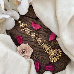 Vriksham Antique Gold Half-Moon & Lakshmi Style Maang Tikka-Red-Gold Bead-G19440