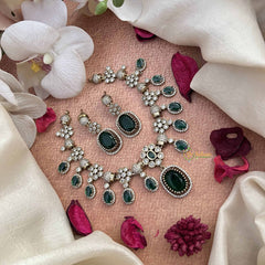 Vriksham Victorian Oval Emerald Look Style Short Neckpiece-White Green-VV2004