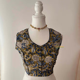 Vriksham Premium Floral Printed Readymade Sleeveless Blouse-Kalamkari Print-Yellow with Blue-VS4529