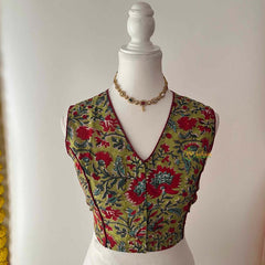 Vriksham Premium Floral Printed Readymade Sleeveless Blouse-Kalamkari Print-Olive Green-VS4532