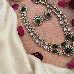 Vriksham Designer Double Layered Look Floral Style Short Neckpiece-White Green-VV2001