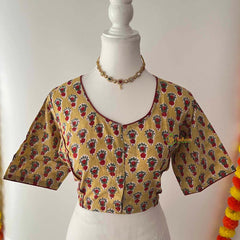 Vriksham Premium Floral Printed Readymade Blouse-Kalamkari Print-Yellow-VS4518