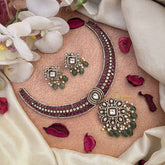 Vriksham Elegant Pink Floral Style AD Stone Hasli Choker-Green Bead & Pearls-G21071