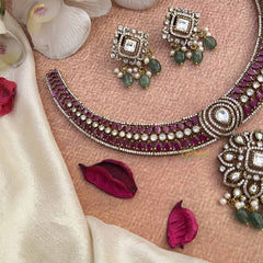 Vriksham Elegant Pink Floral Style AD Stone Hasli Choker-Green Bead & Pearls-G21071