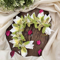 Vriksham Crimson Charm Parrot Green & White Flower Gajra With Buds Flower Accessories-H1168