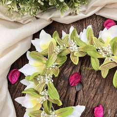 Vriksham Crimson Charm Parrot Green & White Flower Gajra With Buds Flower Accessories-H1168