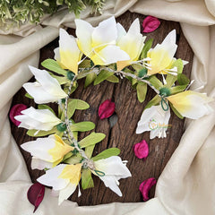 Vriksham Crimson Charm Parrot Green & White Flower Gajra With Buds Flower Accessories-H1168