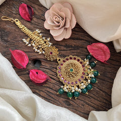 Vriksham Floral Radiance Gold Maang Tikka-Red-Green Bead-G19466