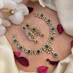 Vriksham Pear Drop Style AD Stone Short Neckpiece-Green-G21074