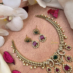 Vriksham Unique Elephant Style AD Stone Hasli Choker-White Red & Green-Pearls-G21070