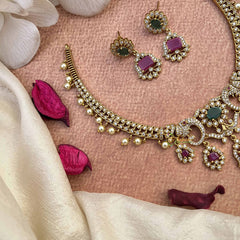 Vriksham Unique Elephant Style AD Stone Hasli Choker-White Red & Green-Pearls-G21070