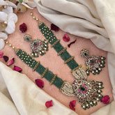 Vriksham Classic Ad Stone Floral Design Pendant Green Beaded Long Neck[piece-G21088