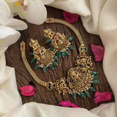 Elegant Lakshmi Pendant High Neck Choker-Green-Green Bead and Pearl-G16539