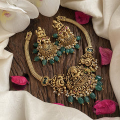Elegant Lakshmi Pendant High Neck Choker-Green-Green Bead and Pearl-G16539
