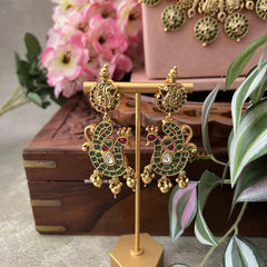 Vriksham Precious Kemp Stone Green Coin with Peacock Design Bridal Set-G18655