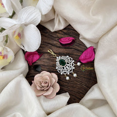 Vriksham Crystal Heart Rosette Bridal AD Stone Maang Tikka-Green-Pearl-G19478