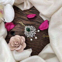 Vriksham Crystal Heart Rosette Bridal AD Stone Maang Tikka-Green-Pearl-G19478
