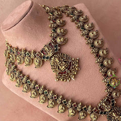 Vriksham Bridal Manga Style Peacock Bridal Set-Red Green-Gold Bead-G21040