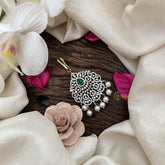 Vriksham Designer Floral Bridal AD Stone Maang Tikka-Green-Pearl-G19482