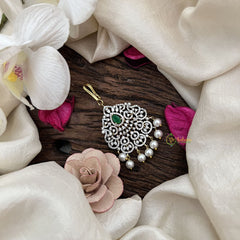 Vriksham Designer Floral Bridal AD Stone Maang Tikka-Green-Pearl-G19482