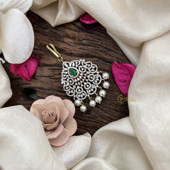 Vriksham Designer Floral Bridal AD Stone Maang Tikka-Green-Pearl-G19482